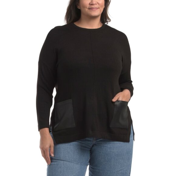 T TAHARI Black Plus Side Vent Sweater With Faux Leather Pockets - Picture 1 of 2